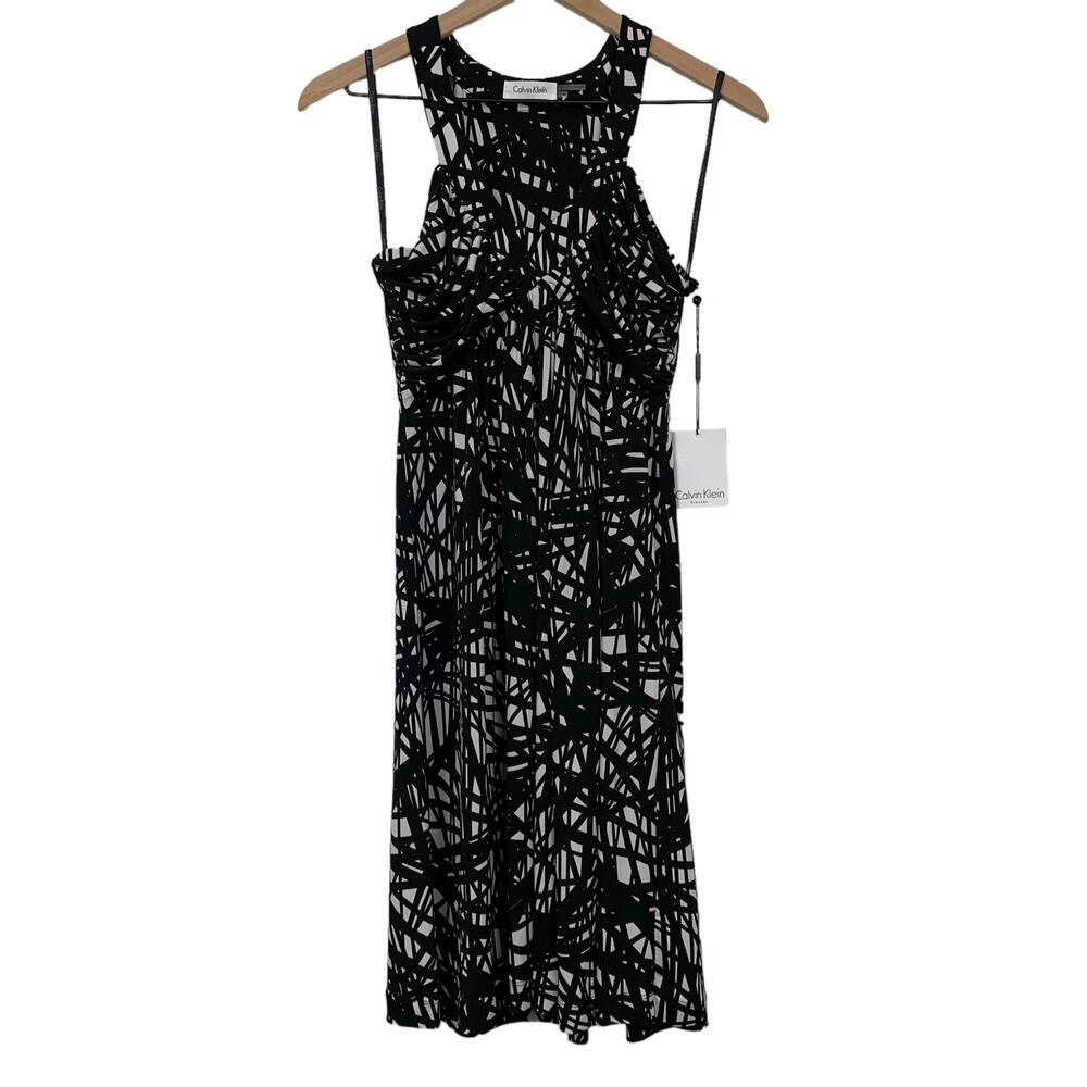 Calvin Klein Halter Dress Womens Size 4 Black White Stretchy V Neck Empire Waist